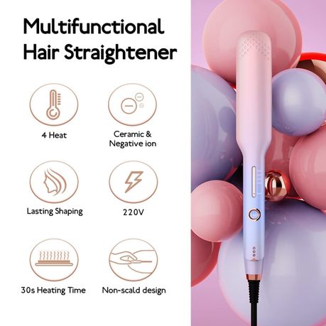 Dual Voltage Curling Heating Brush, 2 in 1 Straightening Curling Iron -Pink