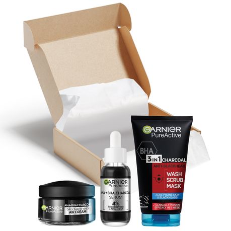 Garnier Charcoal AHA BHA Anti-Blackhead Wash, Serum & Air Cream Bundle Set