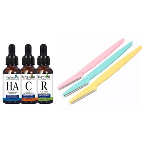 Face Serum Set: Vitamin C, Hyaluronic Acid & Retinol with 3 Facial Razors