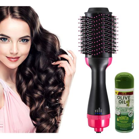 Straightening & Drying Hot Air Brush and Olive Oil Heat Protection Serum