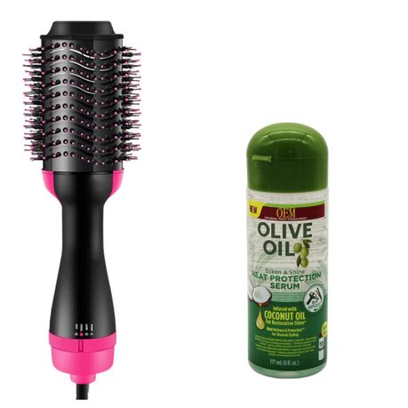 Straightening & Drying Hot Air Brush and Olive Oil Heat Protection Serum