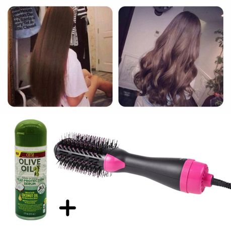 Straightening & Drying Hot Air Brush and Olive Oil Heat Protection Serum