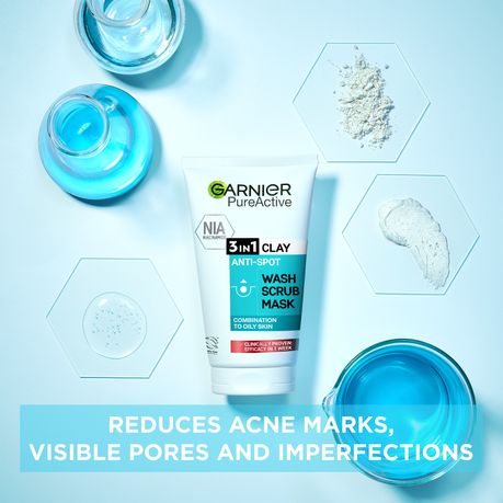 Garnier Pure Active 3-in-1 Clay, Wash, Scrub, Mask - 50ml