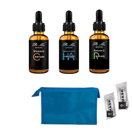 Face Serum Set: Vitamin C, Hyaluronic Acid & Retinol with Cosmetic Bag