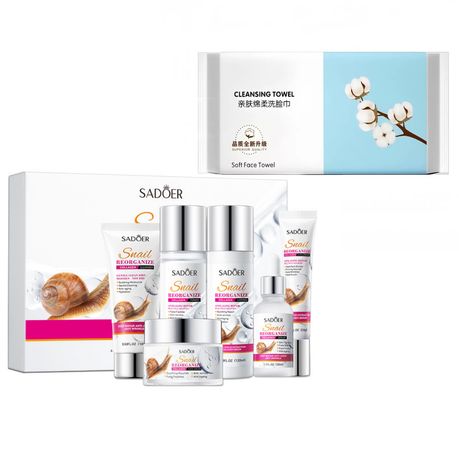 Snail Reorganize Hydrating Skincare Set + Soft Cleansing Towels (7-Piece)