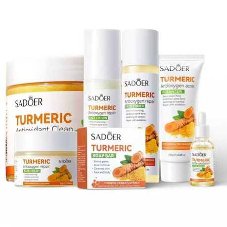 SADOER Turmeric Skincare Set- Cleanser, Scrub, Toner, Serum, Cream & Soap