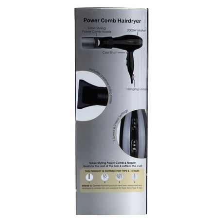 Carmen Ebony 2000W Power Comb Hair Dryer for Textured Hair