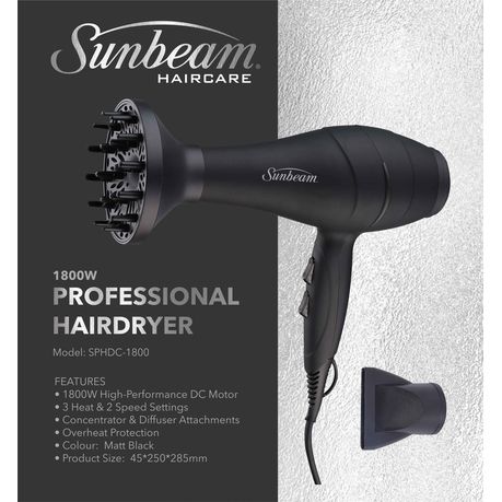 Sunbeam 1800W Professional Hair Dryer with Diffuser & Concentrator
