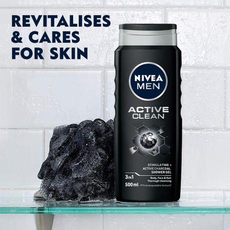 NIVEA MEN Active Clean 3in1 Shower Gel Wash with Active Charcoal, 500ml