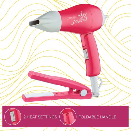 Carmen Ceramic Hair Straightener & Dryer Set - Pink, Travel Styling Kit