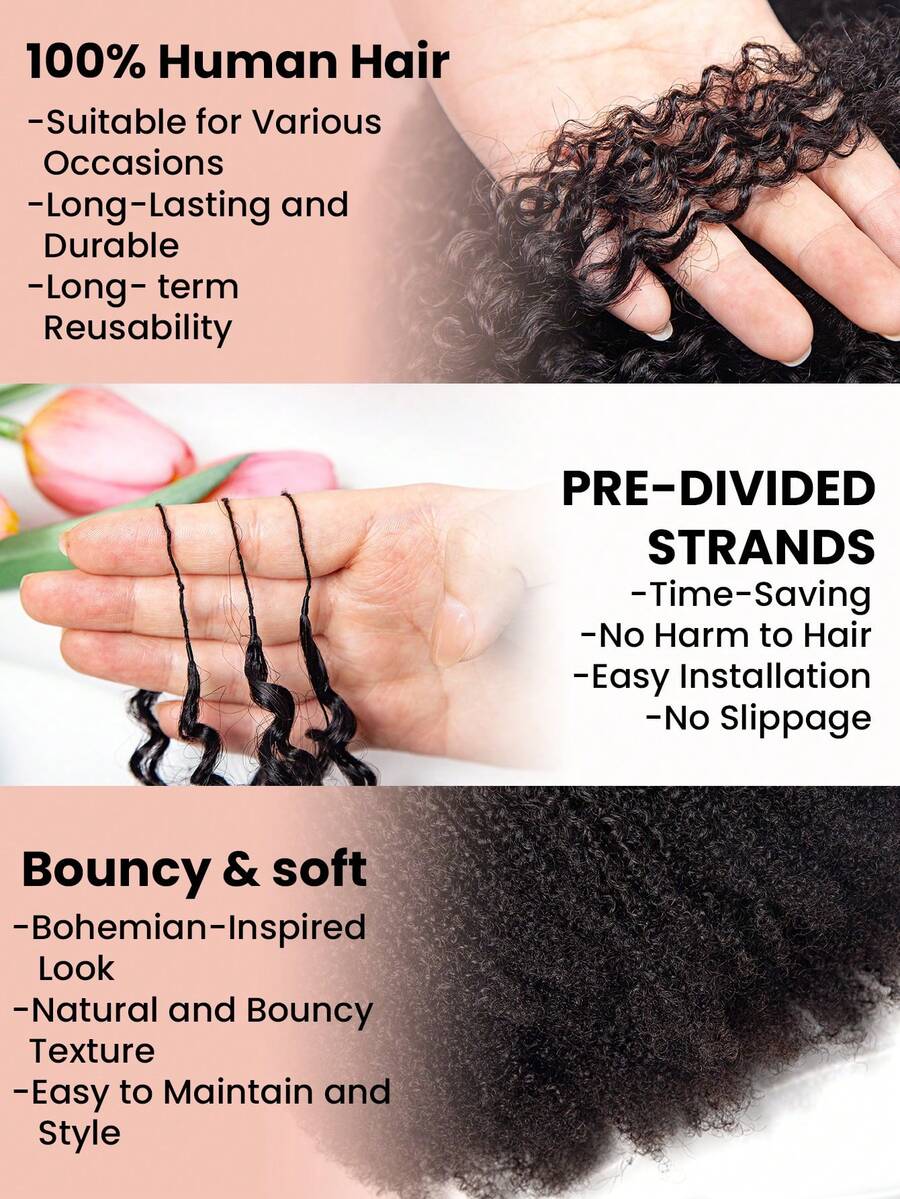 Boho Braids Tight Curly Lightweight Feather Crochet Human Hair Micro Twist Curly Crochet Human Hair Knotless Pre-Separated 100% Human Hair Pre-Looped Reusable Feather Crochet Hair Extensions