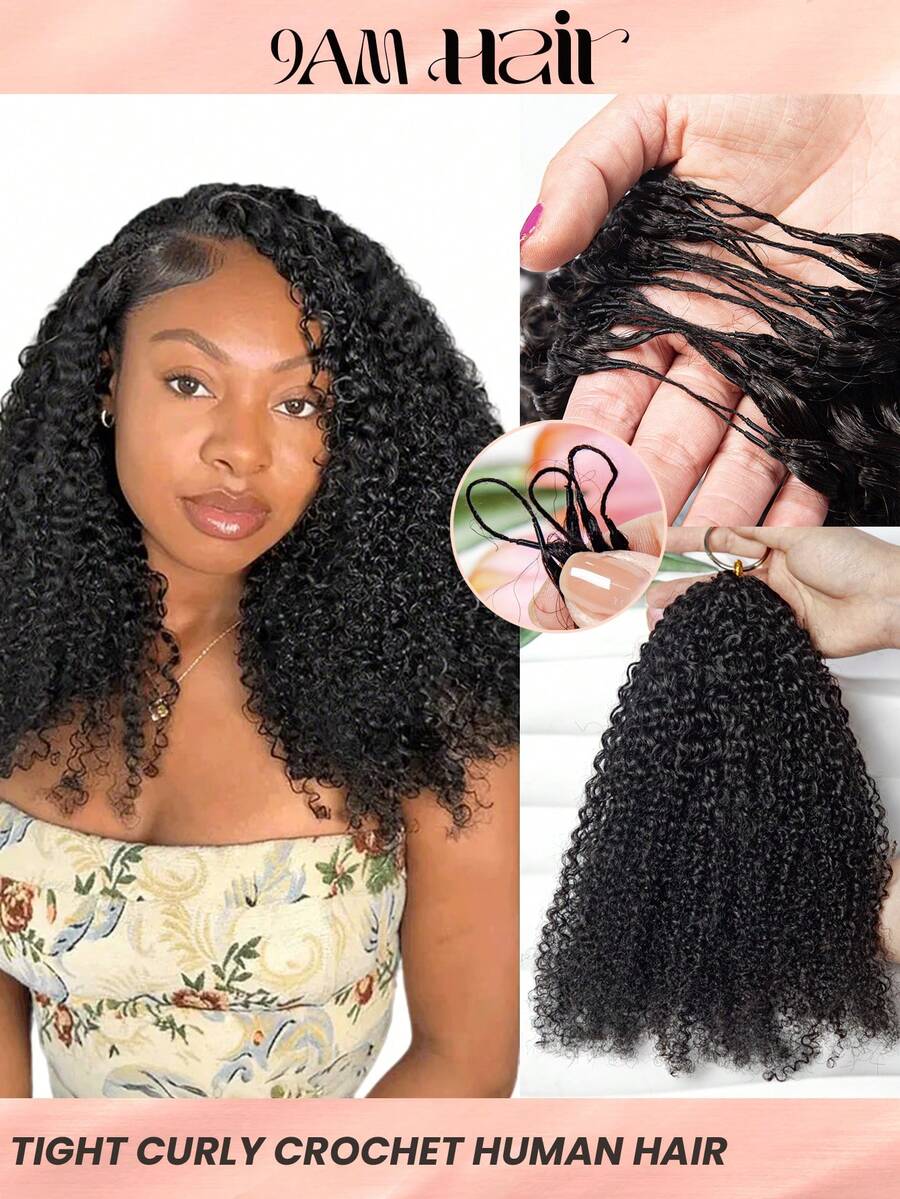 Boho Braids Tight Curly Lightweight Feather Crochet Human Hair Micro Twist Curly Crochet Human Hair Knotless Pre-Separated 100% Human Hair Pre-Looped Reusable Feather Crochet Hair Extensions
