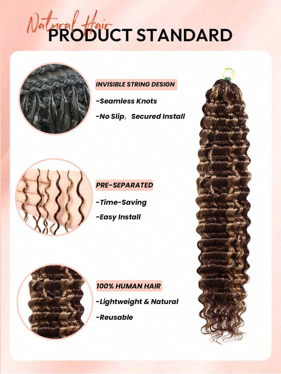 Boho Braids Feather Crochet Human Hair Highlight 4/27 Deep Wave Human Hair Extensions Pre Separated Knotless Handmade Crochet Hair For Braiding Pre Looped 16-22Inch