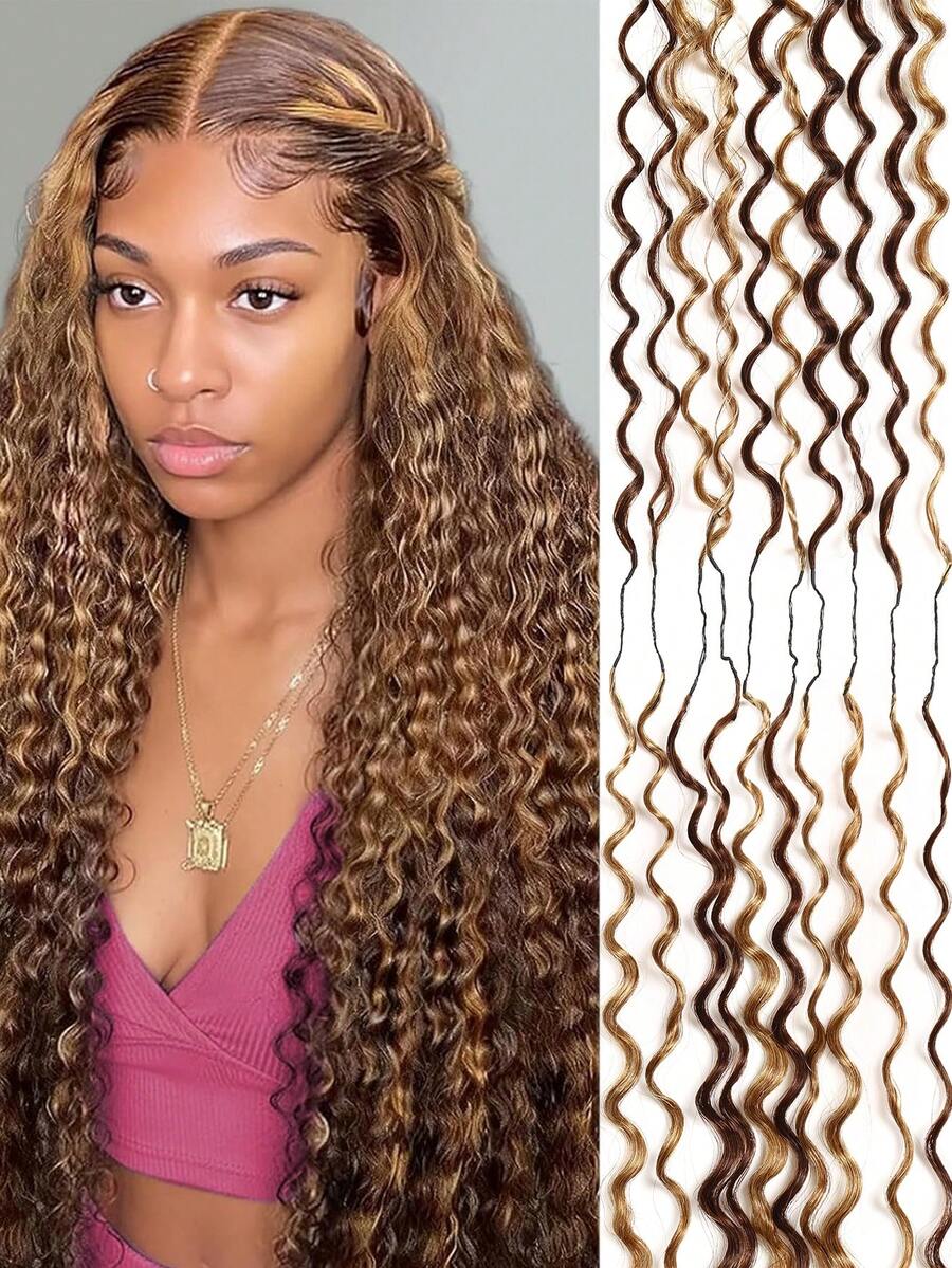 Boho Braids Feather Crochet Human Hair Highlight 4/27 Deep Wave Human Hair Extensions Pre Separated Knotless Handmade Crochet Hair For Braiding Pre Looped 16-22Inch