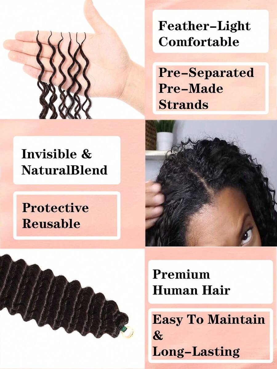 Boho Braids Feather Crochet Human Hair Highlight 4/27 Deep Wave Human Hair Extensions Pre Separated Knotless Handmade Crochet Hair For Braiding Pre Looped 16-22Inch