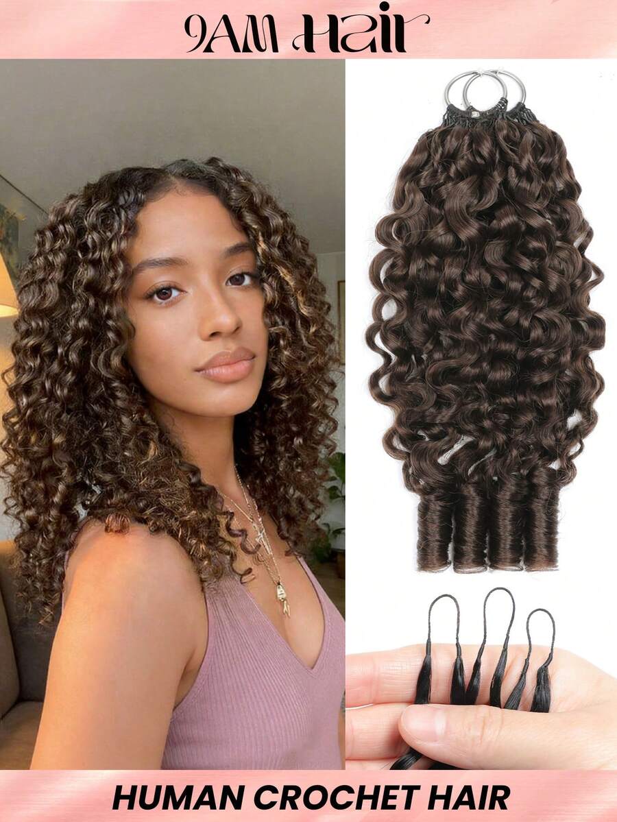 Boho Braids Miracle Knots Hair Human Crochet Hair Burmese Curly 18 Inch 125g Feather Crochet Human Hair For Women Pre-Separated Invisible Wet And Way Crochet Hair Extensions 2#