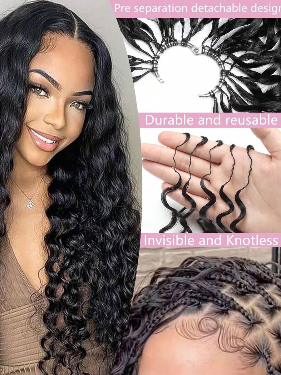 Boho Braids Miracle Knots Hair Human Crochet Hair Water Wave 18 Inch 150g Feather Crochet Human Hair For Women Pre-Separated Invisible Wet And Way Crochet Hair Extensions Natural Black