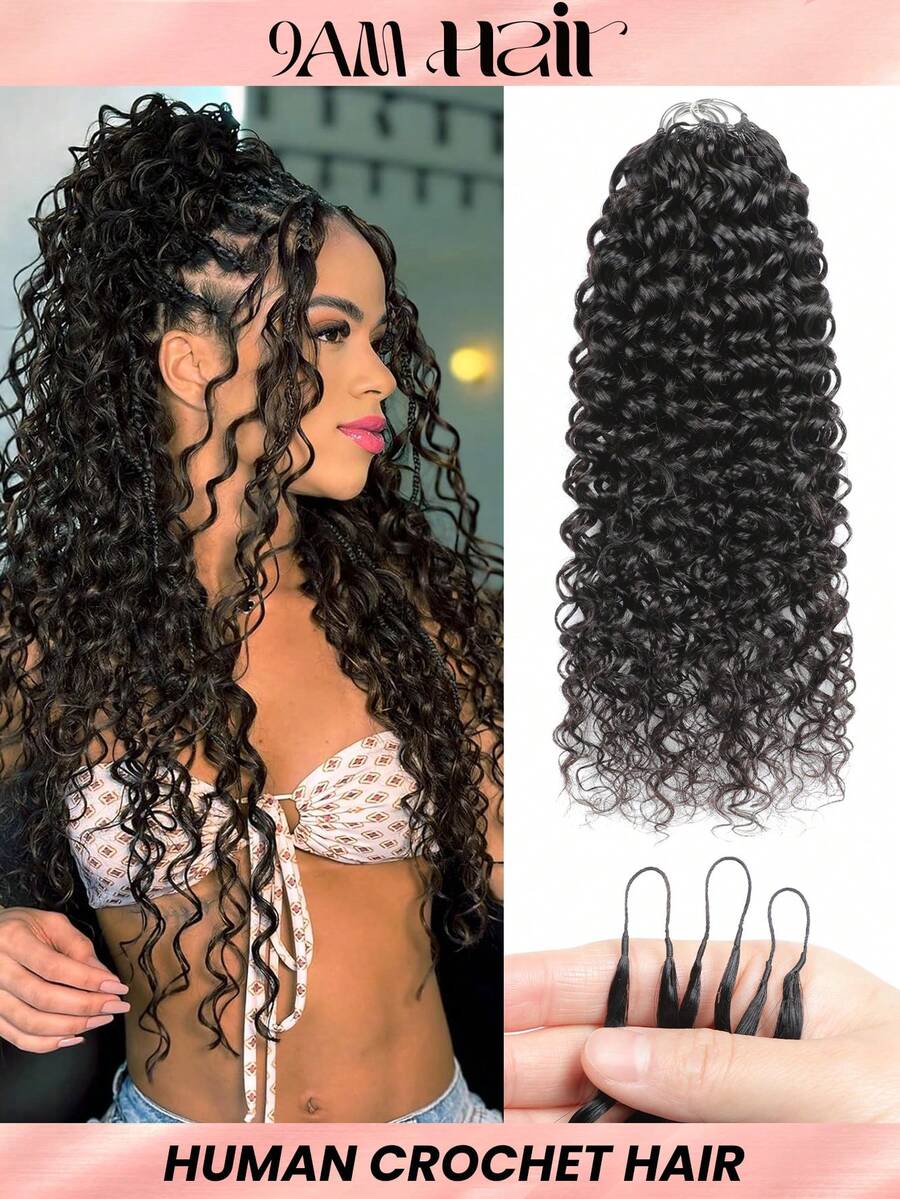Boho Braids Miracle Knots Hair Human Crochet Hair Water Wave 18 Inch 150g Feather Crochet Human Hair For Women Pre-Separated Invisible Wet And Way Crochet Hair Extensions Natural Black