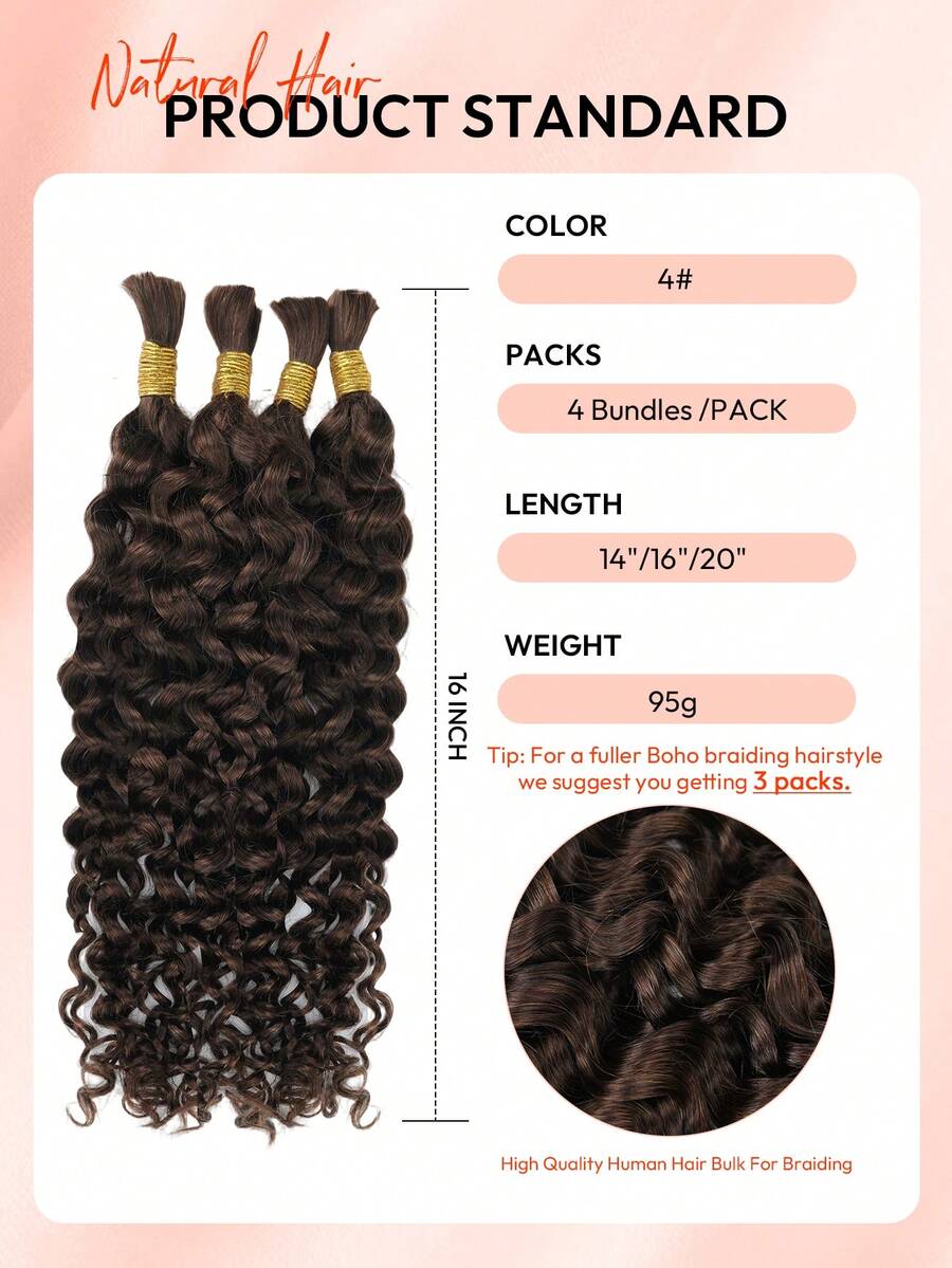 100% Human Braiding Hair For Boho Braids Water Wave Curly Human Hair Braiding Hair 4 Bundles/Pack 95g Full Head Brown Color Bulk Human Hair Extension For Knotless Braiding Wet Wavy No Weft Pre Separated Braiding Hair Human Hair Extensions For Women