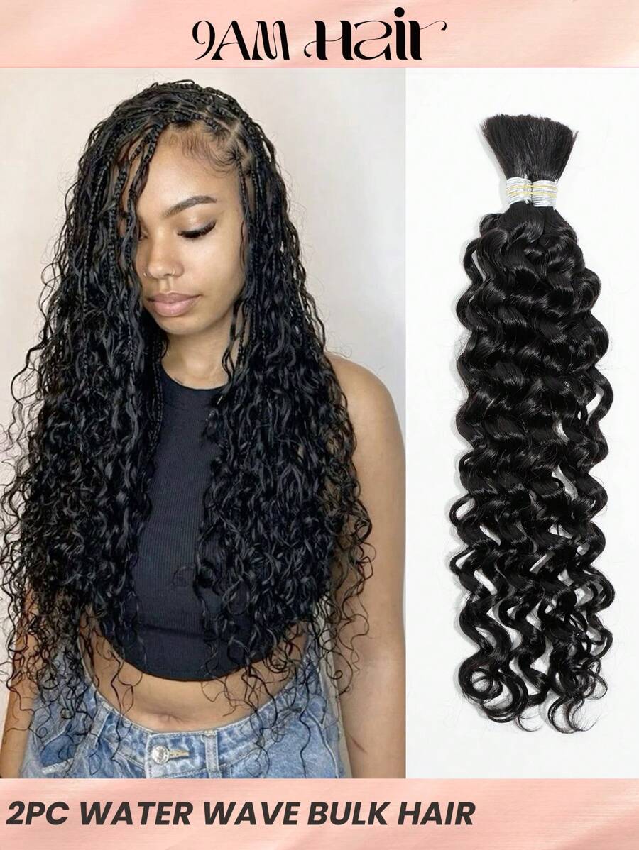 2 Pcs Water Wave Bulk Human Hair Extenstion Curly Wavy Braiding Hair For Goddess BOHO Braids Knotless Braids Natural Black Crochet Human Hair