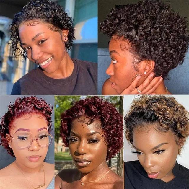 Throw on & Go Natural Black Pixie Cut Wig Short Bouncy Curls with Bangs Glueless Wig 100% Human Hair