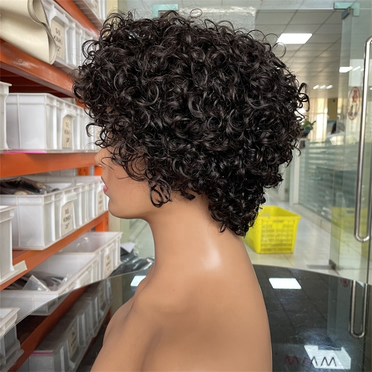 Throw on & Go Natural Black Pixie Cut Wig Short Bouncy Curls with Bangs Glueless Wig 100% Human Hair