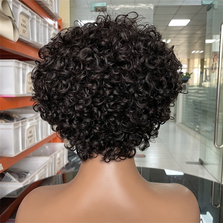 Throw on & Go Natural Black Pixie Cut Wig Short Bouncy Curls with Bangs Glueless Wig 100% Human Hair