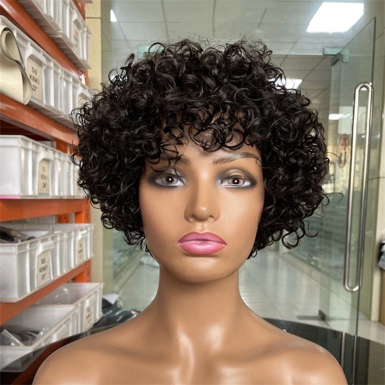 Throw on & Go Natural Black Pixie Cut Wig Short Bouncy Curls with Bangs Glueless Wig 100% Human Hair