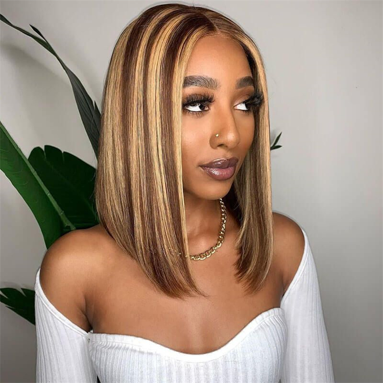 Highlight HD Wigs Human Hair Lace Front Shoulder Length Piano Color Curly Wavy Bob Wig Highlight Body Wave Bob Wigs for Women
