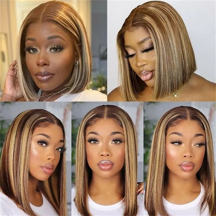 Highlight HD Wigs Human Hair Lace Front Shoulder Length Piano Color Curly Wavy Bob Wig Highlight Body Wave Bob Wigs for Women