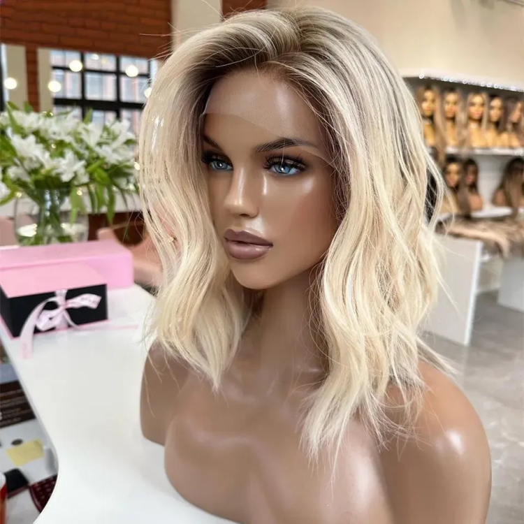 Ash Blonde Highlight Short Bob Wavy Vietnamese Remy Human Hair HD Transparent Lace Front Glueless Lace Wig 1 Piece