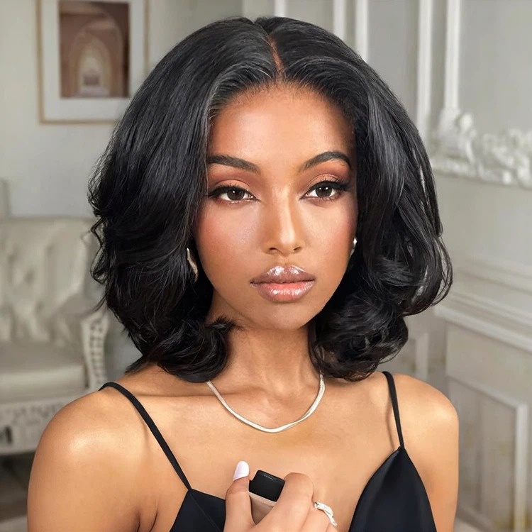 Short Bouncy Bob Wig Human Hair Remy Cambodian Body Wave Lace Front Wigs Women Glueless HD for 180% Density 1 Piece