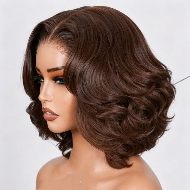 Short Bouncy Bob Wig Human Hair Remy Cambodian Body Wave Lace Front Wigs Women Glueless HD for 180% Density 1 Piece