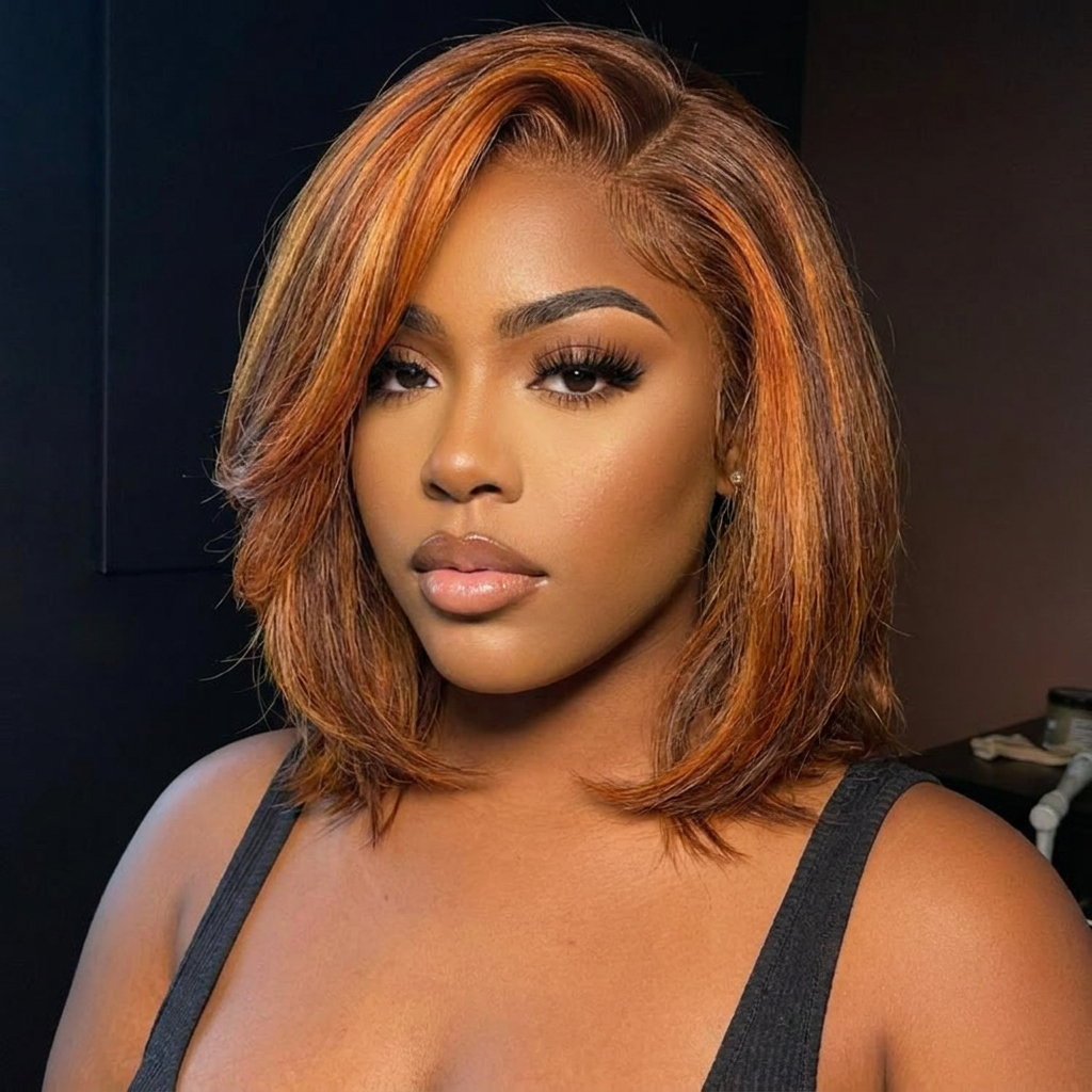 Highlight Color Layered Cut Remy Human Hair Wig 1 Piece Wholesale Vendor Pre Plucked Short Bob HD Transparent Lace 180% Density