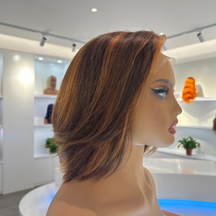 Highlight Color Layered Cut Remy Human Hair Wig 1 Piece Wholesale Vendor Pre Plucked Short Bob HD Transparent Lace 180% Density