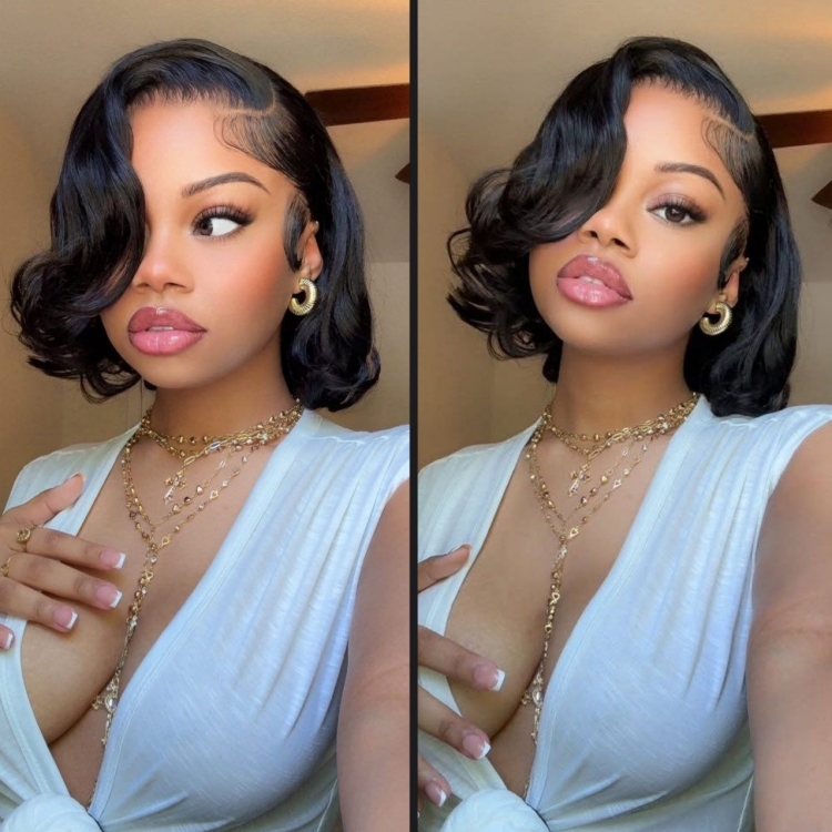 Wear & Go Short Glueless Remy Cambodian Human Hair 3D Cap Bob 5X5 HD Lace Closure Side Part Bangs for Cut 1 Piece 180% Density