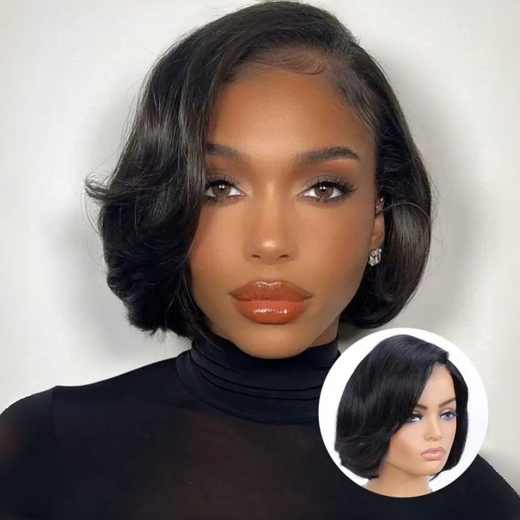 Wear & Go Short Glueless Remy Cambodian Human Hair 3D Cap Bob 5X5 HD Lace Closure Side Part Bangs for Cut 1 Piece 180% Density