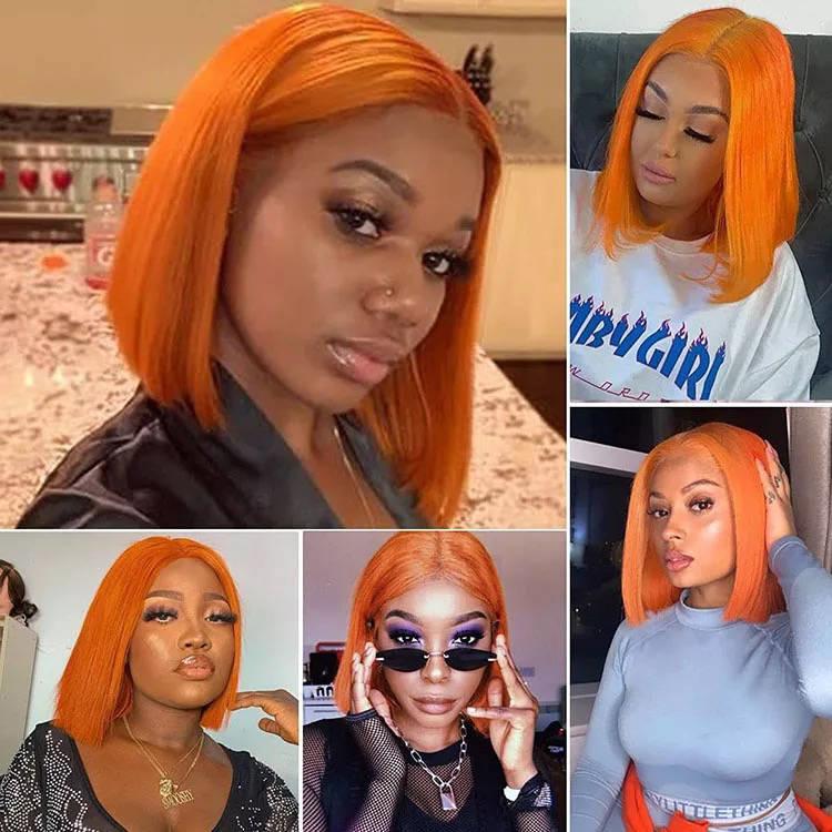 Short Ginger Bob Wig Human Hair 13x4 Frontal HD Transparent Remy Hair 180% Density Pre Plucked Orange Glueless Women 1 Piece
