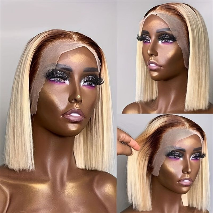 Short for 1B/613 Blonde Bob Wig Human Hair HD for Remy Hair 180% Density Dark Roots Pre Plucked Baby Hair