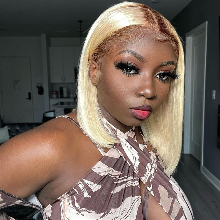 Short for 1B/613 Blonde Bob Wig Human Hair HD for Remy Hair 180% Density Dark Roots Pre Plucked Baby Hair
