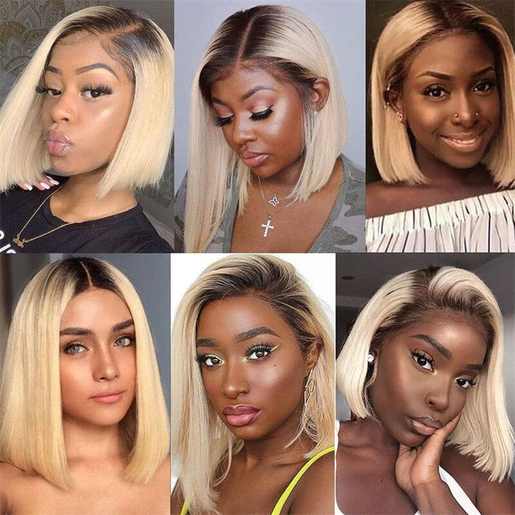 Short for 1B/613 Blonde Bob Wig Human Hair HD for Remy Hair 180% Density Dark Roots Pre Plucked Baby Hair