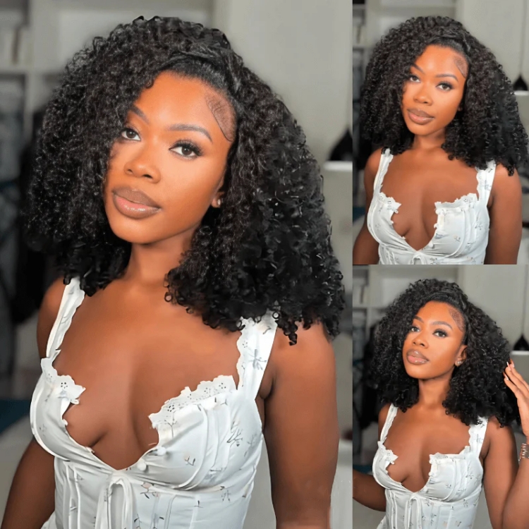 3 in 1 Half Wig Burmese Curly Remy Hair Lace Front Wig with Adjustable Drawstring Glueless Wear & Go Invisible Strap