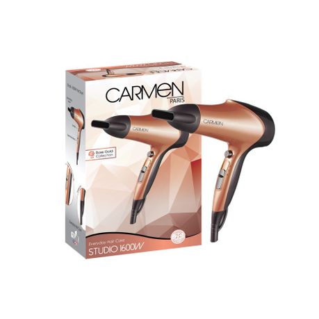 Carmen 1934 Studio Hair Dryer 1600W - Rose Gold, Lightweight with Nozzle