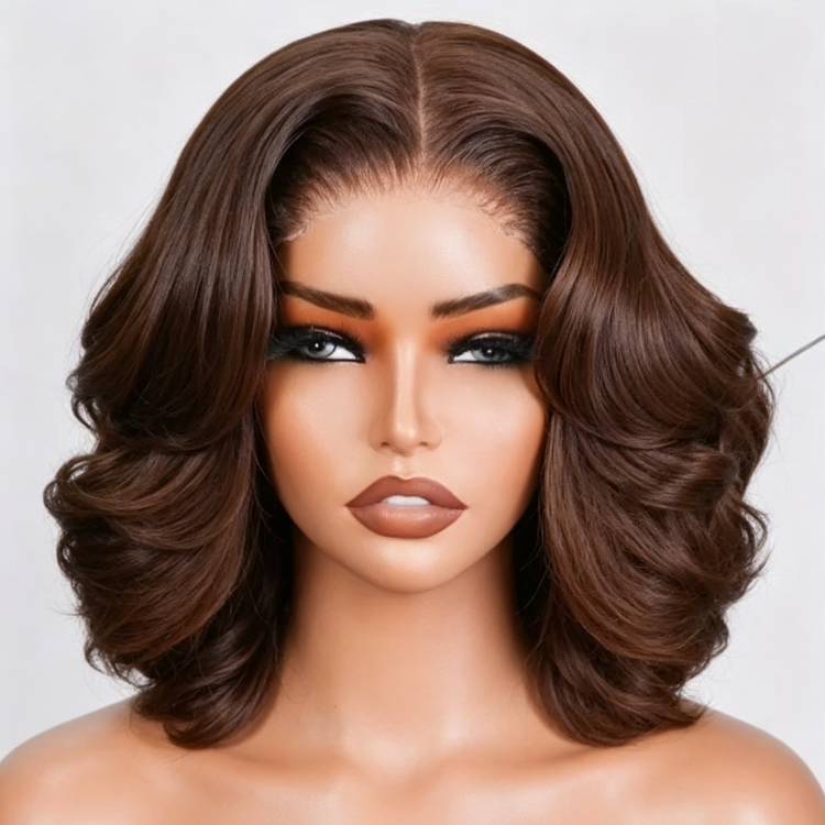 Chestnut Brown Bouncy Loose Wave Bob Wig Women Wear Glueless HD Lace Closure 100% Human Hair 180% Density Short Wigs 1 Piece