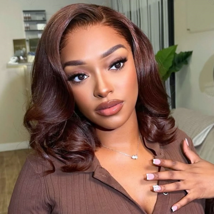 Chestnut Brown Bouncy Loose Wave Bob Wig Women Wear Glueless HD Lace Closure 100% Human Hair 180% Density Short Wigs 1 Piece