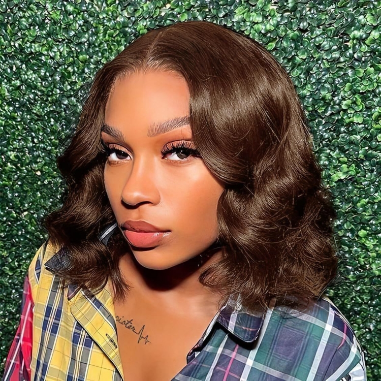 Chestnut Brown Bouncy Loose Wave Bob Wig Women Wear Glueless HD Lace Closure 100% Human Hair 180% Density Short Wigs 1 Piece