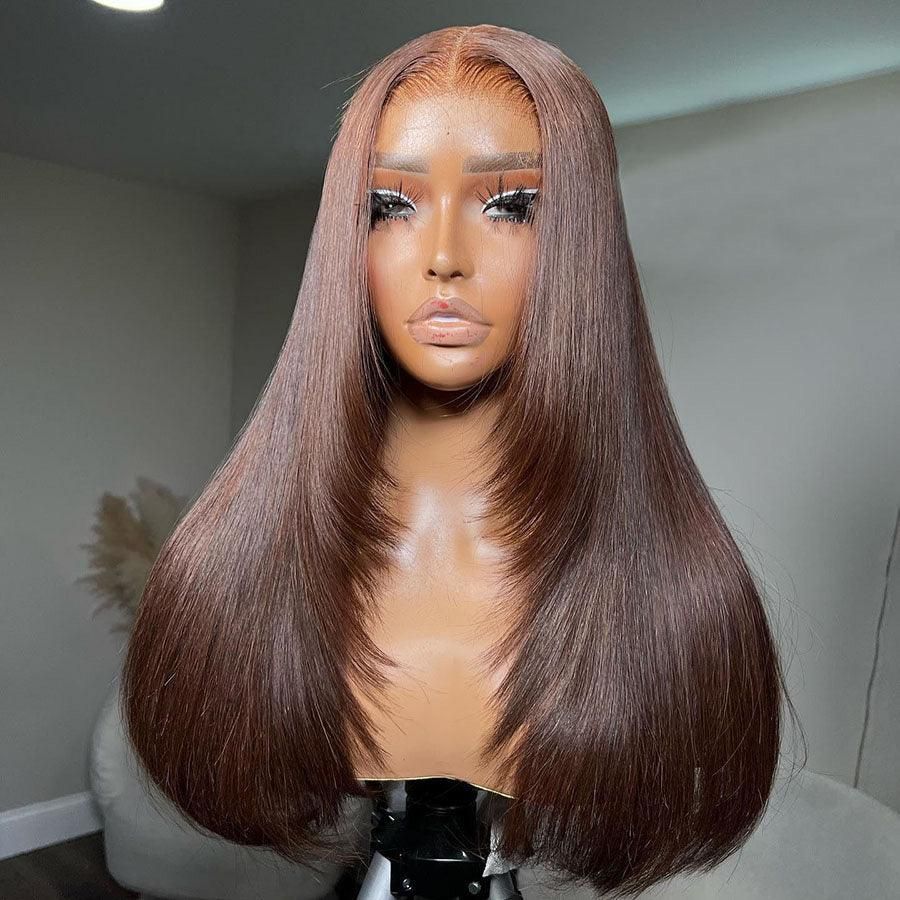 Wholesale 100% Brazilian Human Hair Wig for Women Layer Cut Lace Wig HD Lace #4 Color Straight Style Glueless Features