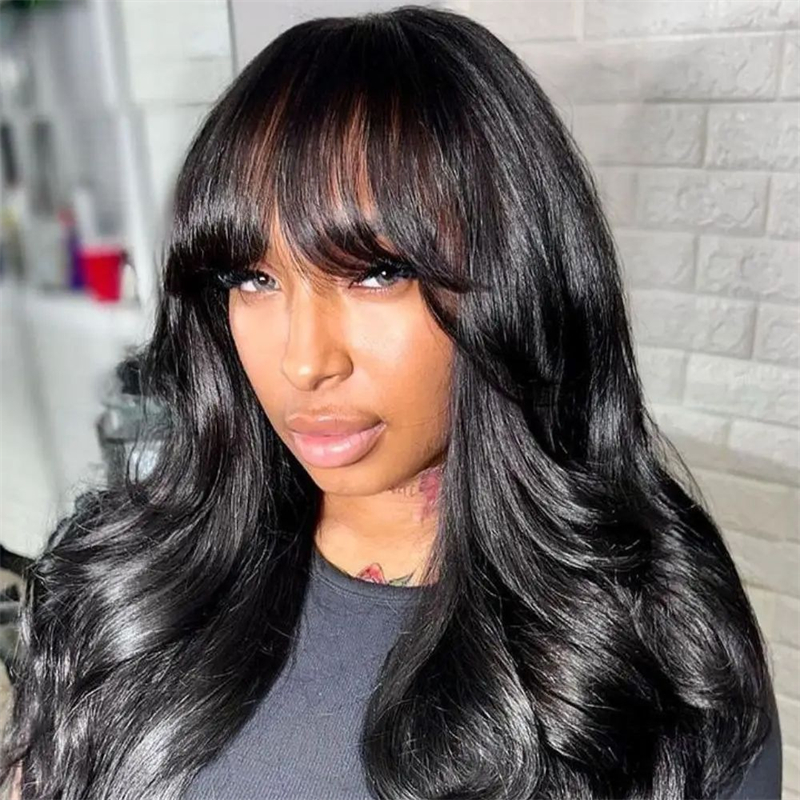 Pre Everything Glueless 13x5 Straight Transparent Lace Front Wig with Bangs Pre Cut Lace Human Hair Wig for Black Women