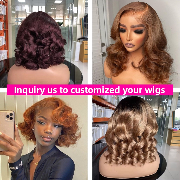 Custom for Color Bouncy Curl Short Bob Wigs Human Hair 200% Density Loose Body Wave Lace Front HD Cambodian Hair