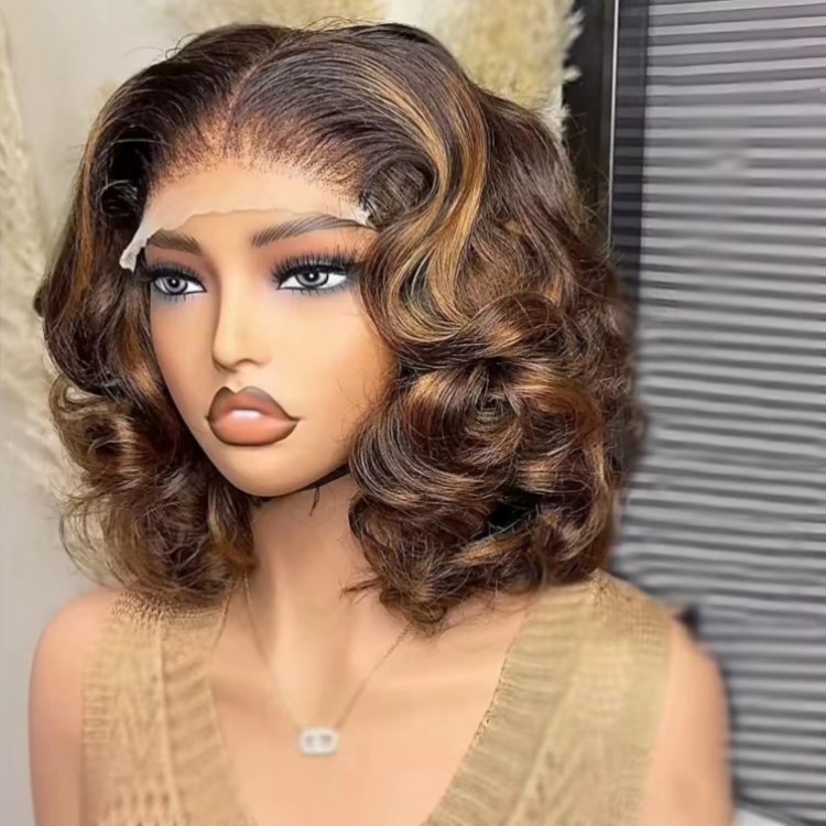 Custom for Color Bouncy Curl Short Bob Wigs Human Hair 200% Density Loose Body Wave Lace Front HD Cambodian Hair